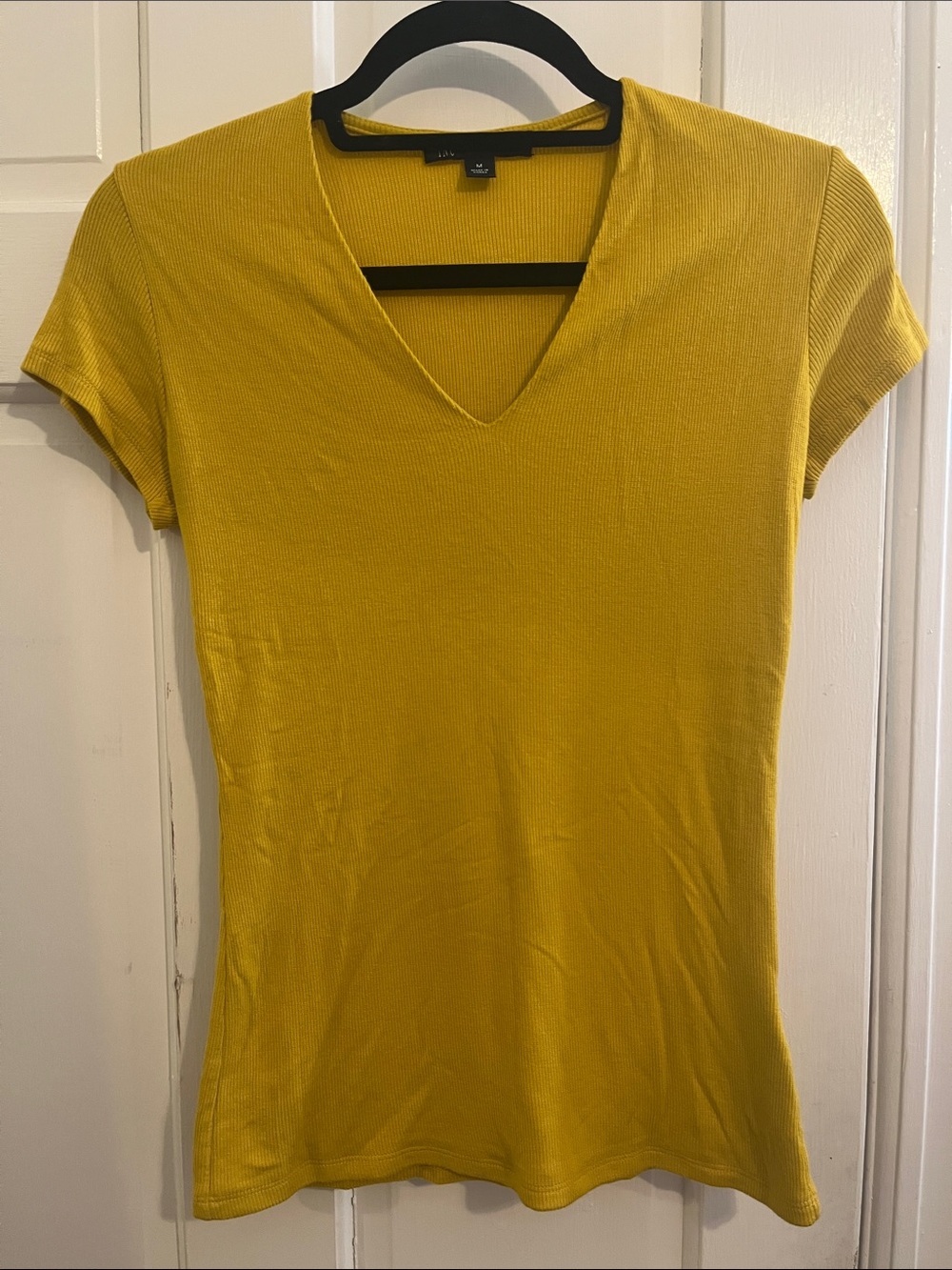 INC International Concepts Medium Ribbed V-Neck Short Sleeve Tee Mustard Yellow